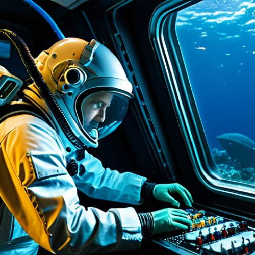 A professional marine scientist, fully clothed in a practical deep-sea exploration suit, observing intricate polymetallic sulfide formations and manganese nodules through a transparent viewport inside an advanced submersible in the deep ocean. Robotic arms are visible near the window, carefully collecting samples. The scene emphasizes clean, high-tech research, with soft bioluminescent lights illuminating the mysterious underwater landscape. Professional photography, perfect anatomy, correct proportions, well-formed hands, natural body proportions, natural pose, safe for work, appropriate content, modest clothing, family-friendly.