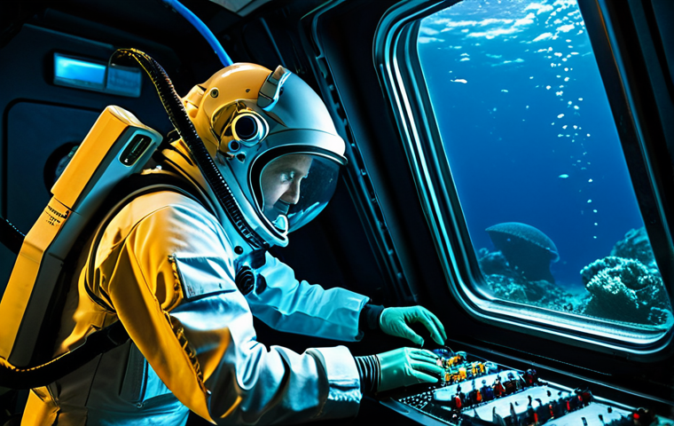 A professional marine scientist, fully clothed in a practical deep-sea exploration suit, observing intricate polymetallic sulfide formations and manganese nodules through a transparent viewport inside an advanced submersible in the deep ocean. Robotic arms are visible near the window, carefully collecting samples. The scene emphasizes clean, high-tech research, with soft bioluminescent lights illuminating the mysterious underwater landscape. Professional photography, perfect anatomy, correct proportions, well-formed hands, natural body proportions, natural pose, safe for work, appropriate content, modest clothing, family-friendly.
