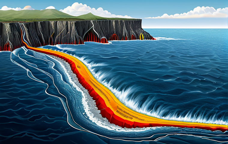 해양 판구조 - **Prompt:** A detailed illustration of tectonic plates shifting beneath the ocean, creating a mid-oc...
