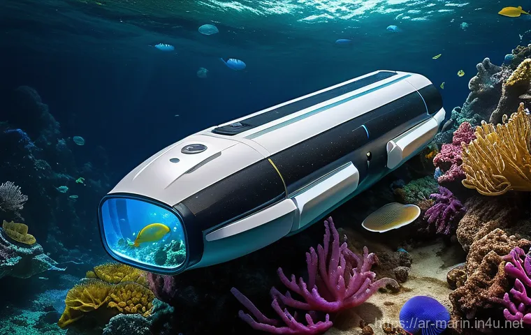 해양학 최신 기술 동향 - **Prompt:** A state-of-the-art, sleek autonomous underwater vehicle (AUV) with a polished, metallic ...