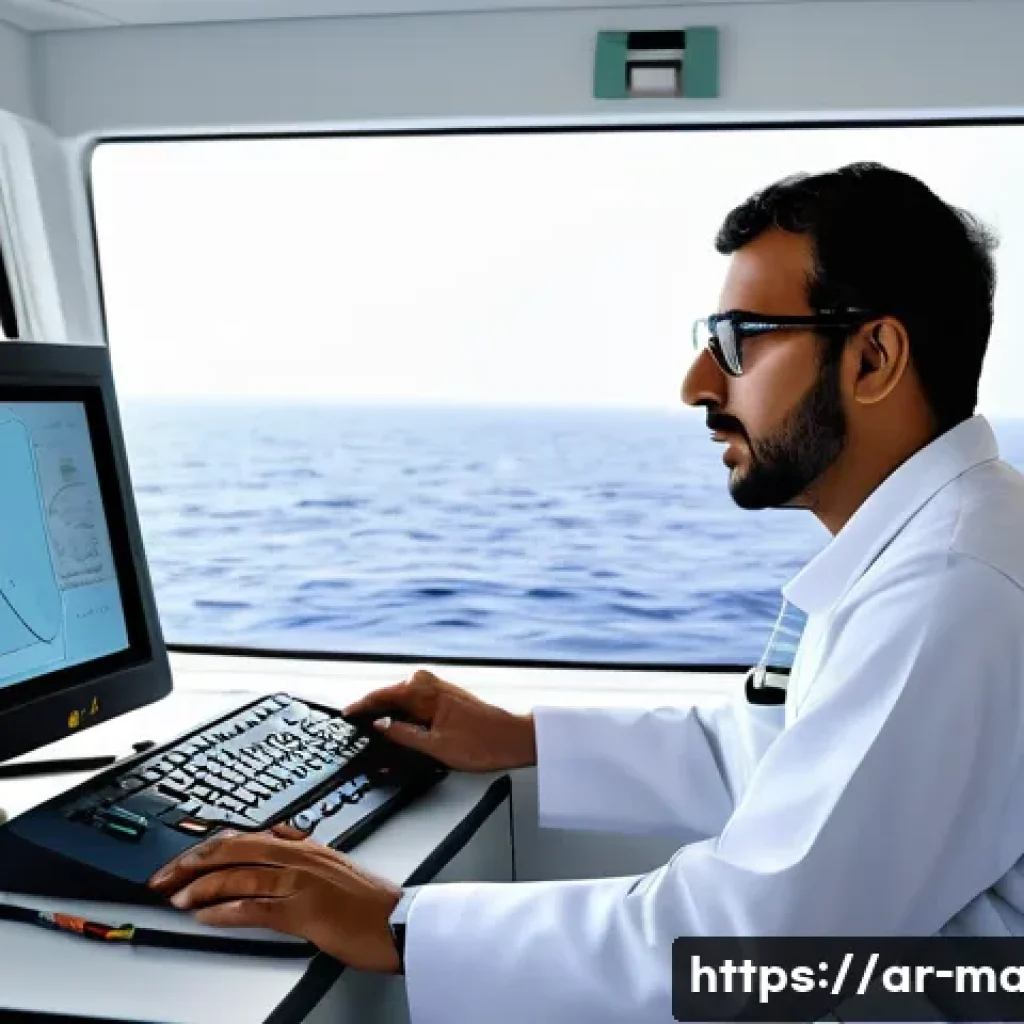 해양 물리학 실습 - A detailed scientific scene showing an Arabic marine researcher in traditional lightweight clothing ...