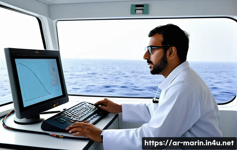 해양 물리학 실습 - A detailed scientific scene showing an Arabic marine researcher in traditional lightweight clothing ...