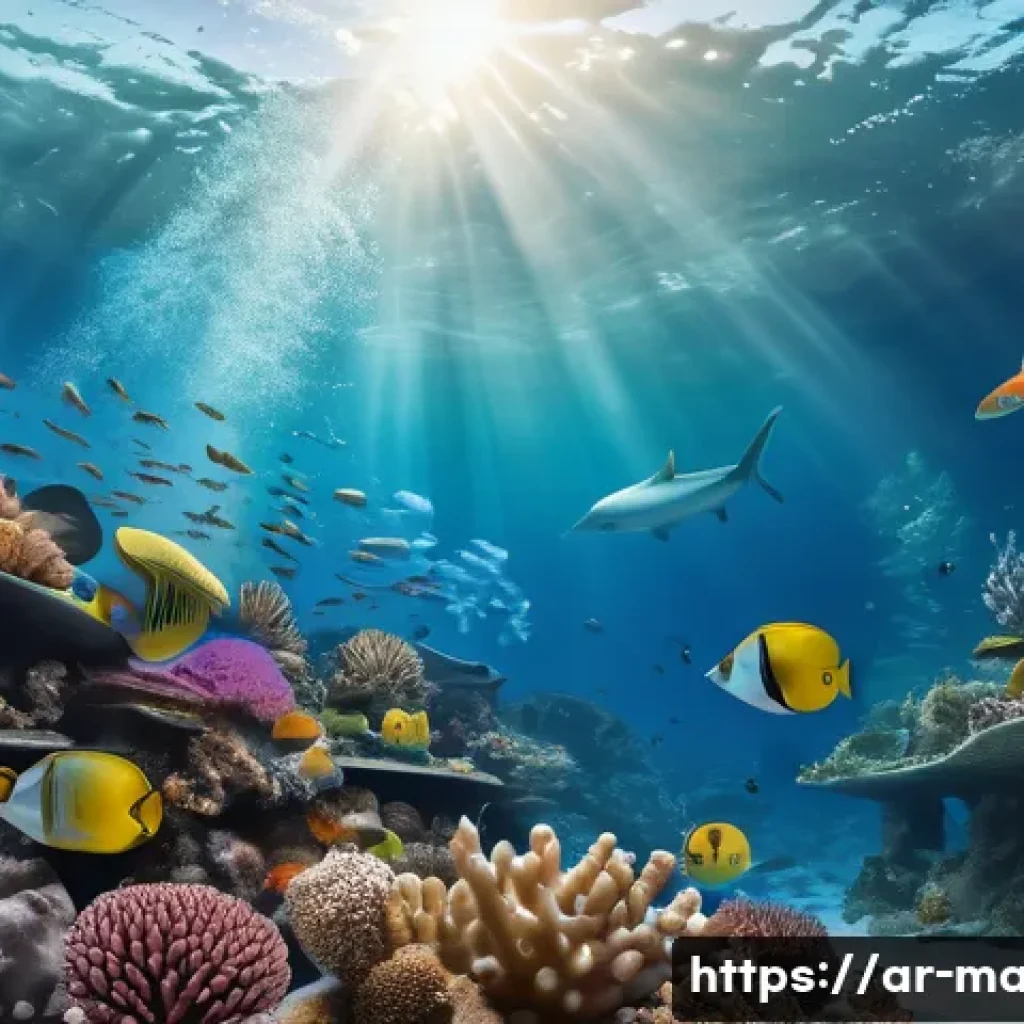 해양 화학 기초 - A detailed underwater scene illustrating diverse marine life interacting with dynamic chemical react...
