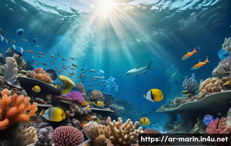 해양 화학 기초 - A detailed underwater scene illustrating diverse marine life interacting with dynamic chemical react...