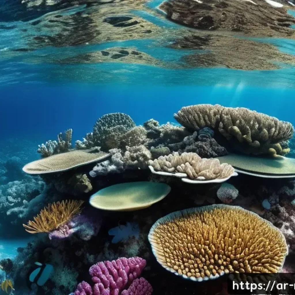 해양 온난화 - A vibrant underwater scene depicting a Middle Eastern coral reef experiencing bleaching due to ocean...