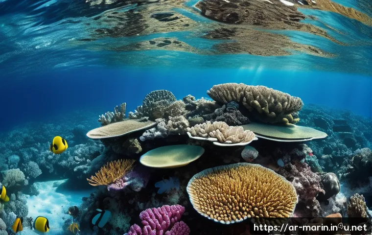 해양 온난화 - A vibrant underwater scene depicting a Middle Eastern coral reef experiencing bleaching due to ocean...