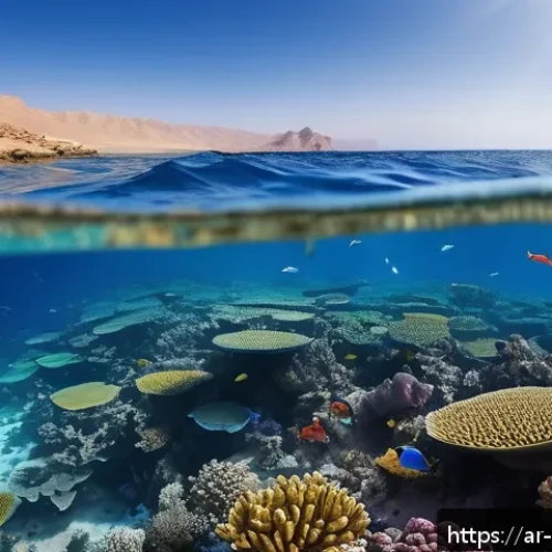 해양 온도와 염도 - A detailed underwater scene showing vibrant but partially bleached coral reefs in the Red Sea, with ...