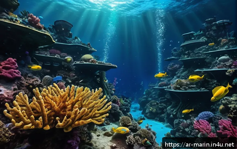 해양학 연구 결과 발표 - A highly detailed underwater scene showcasing advanced autonomous underwater robots exploring a deep...