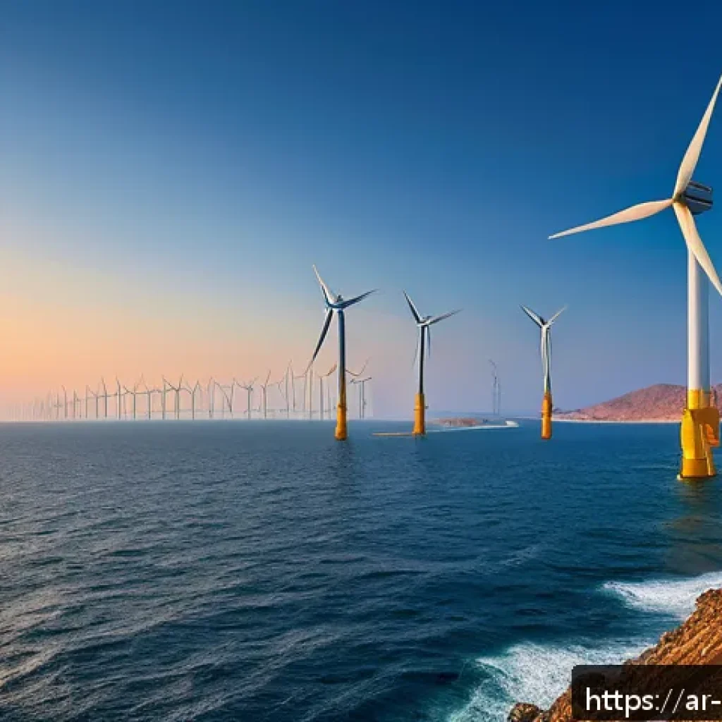해양 풍력 발전 - A panoramic view of a modern offshore wind farm along the Arabian coastline at sunset, featuring lar...