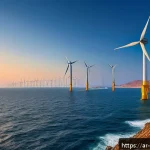 해양 풍력 발전 - A panoramic view of a modern offshore wind farm along the Arabian coastline at sunset, featuring lar...
