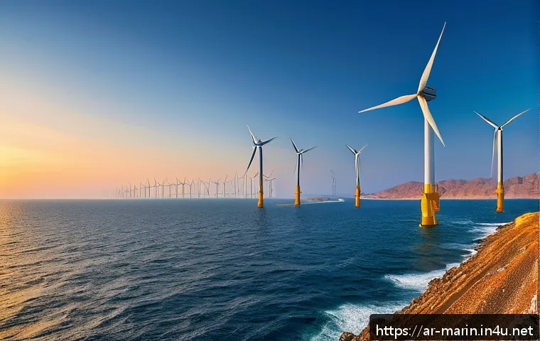 해양 풍력 발전 - A panoramic view of a modern offshore wind farm along the Arabian coastline at sunset, featuring lar...