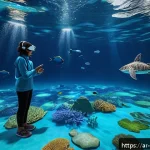 해양학 온라인 강의 - An immersive digital ocean exploration classroom scene set in a modern virtual reality environment, ...