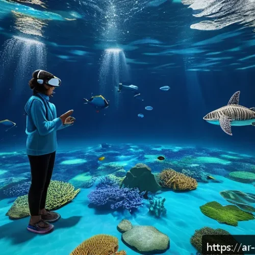 해양학 온라인 강의 - An immersive digital ocean exploration classroom scene set in a modern virtual reality environment, ...