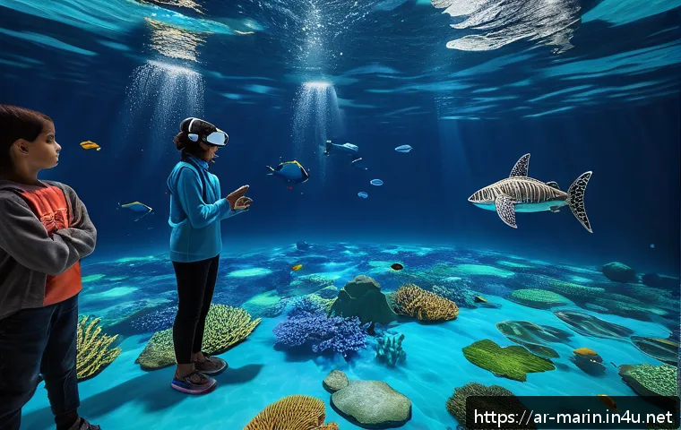 해양학 온라인 강의 - An immersive digital ocean exploration classroom scene set in a modern virtual reality environment, ...