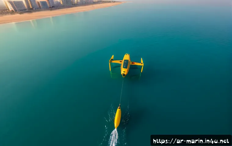 해양 드론 및 센서 - Photorealistic marine drone survey at sunrise in the Arabian Gulf, a sleek unmanned surface vessel g...