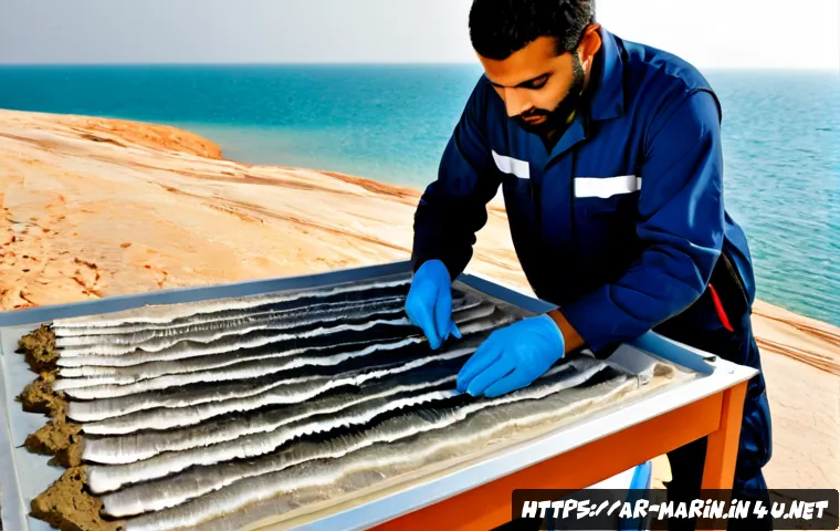 해양 지질학 기초 - Photorealistic marine geology field study aboard a modern research vessel in the calm Arabian Gulf, ...