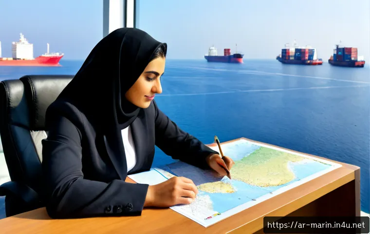 Home 17 국제 해양법 - Photorealistic international maritime law concept, Arab female legal expert in modest professional a...