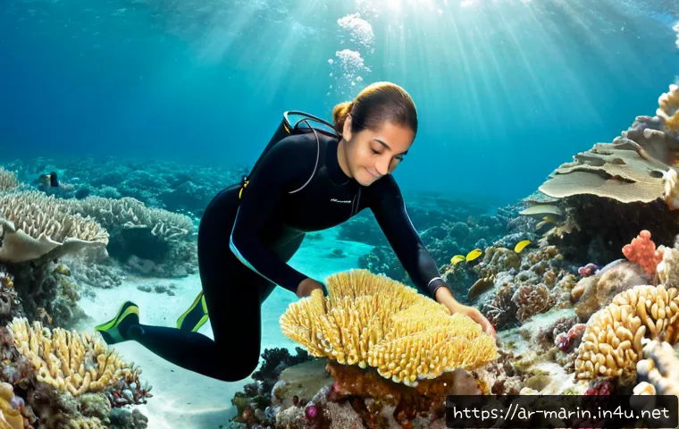 해양 생태계 복원 - Photorealistic underwater coral reef restoration near a warm Arabian Gulf coastline, Arab marine bio...